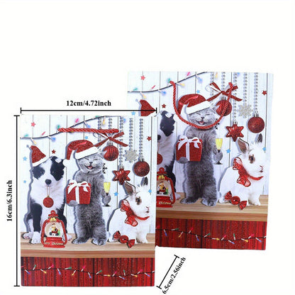 12 pcs Christmas Holiday Paper Gift Bags with Handles, Cat and Dog Patterns for Christmas Snacks, Candies, Holiday Party Supplies Gifts (12*16*6.5cm)