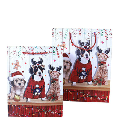 12 pcs Christmas Holiday Paper Gift Bags with Handles, Cat and Dog Patterns for Christmas Snacks, Candies, Holiday Party Supplies Gifts (12*16*6.5cm)