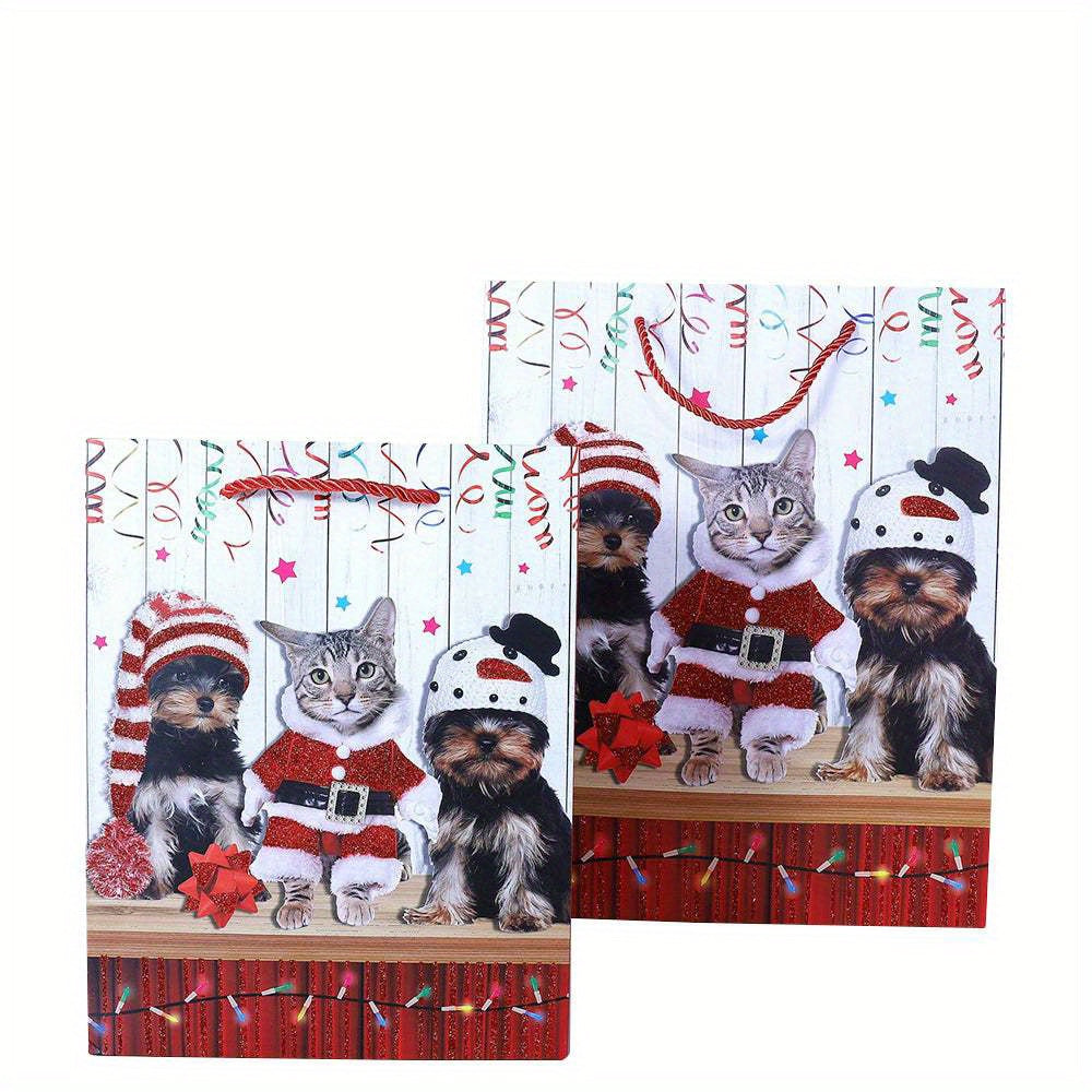 12 pcs Christmas Holiday Paper Gift Bags with Handles, Cat and Dog Patterns for Christmas Snacks, Candies, Holiday Party Supplies Gifts (12*16*6.5cm)