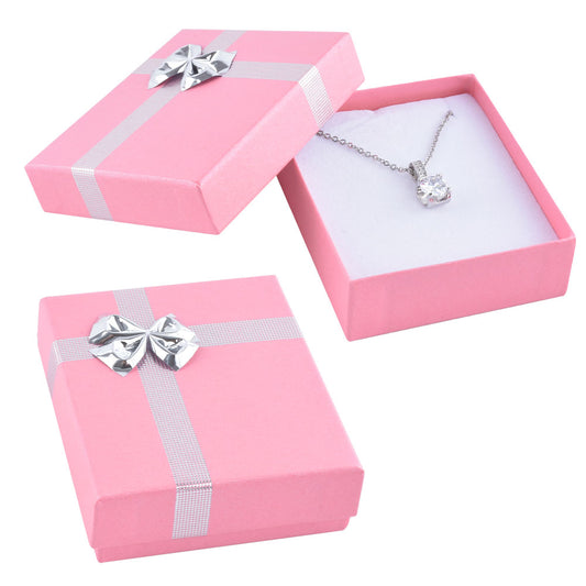 Cajas para pendientes colgantes rosas con lazo plateado brillante