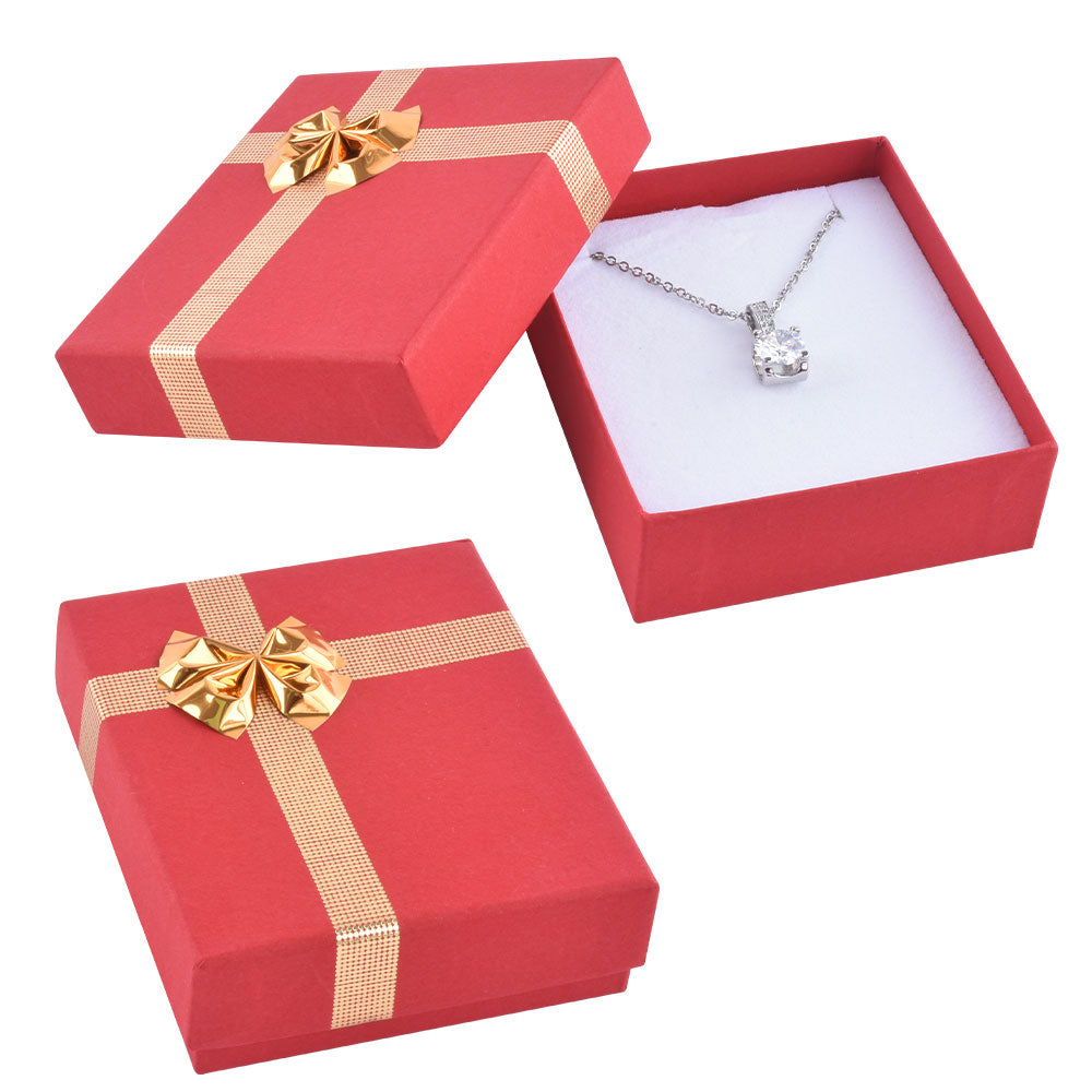 Red Pendant Earring Boxes with Shiny Silver Bow Tie