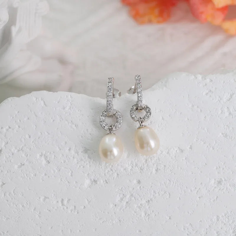 Bulk wholesale fashion statement cubic zirconia 925 sterling silver pearl dangle earrings