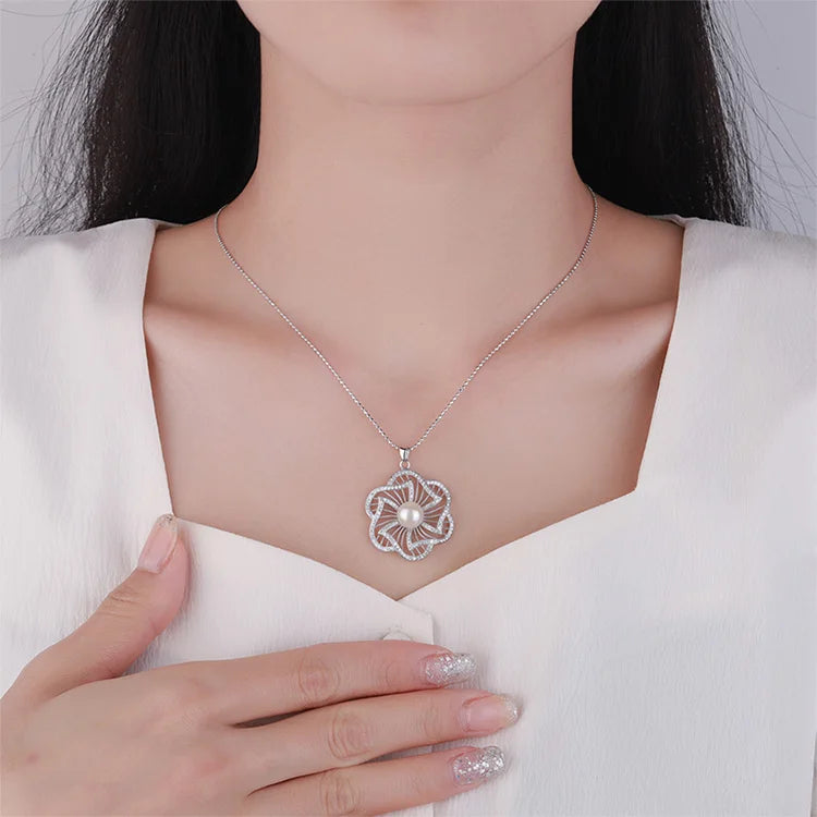 Wholesale custom fashion dainty diamond-set 925 sterling silver single pearl flower shaped pendant