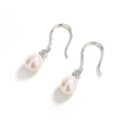 Designer 8mm single fresh water pearls womens simple 925 sterling silver freshwater cultured pearl earrings with stone