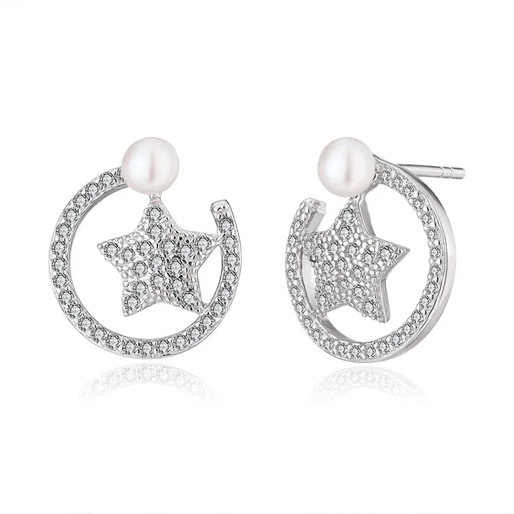 Pave zircon star hoop stud 925 sterling silver freshwater cultured pearl earrings