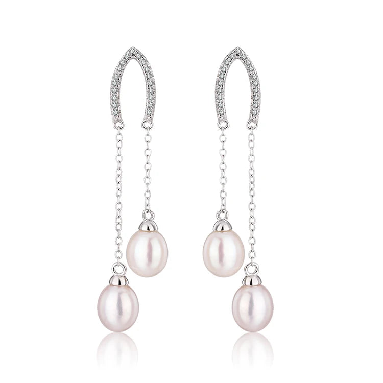 925 sterling silver cubic zirconia diamond freshwater pearl long drop dangle earings