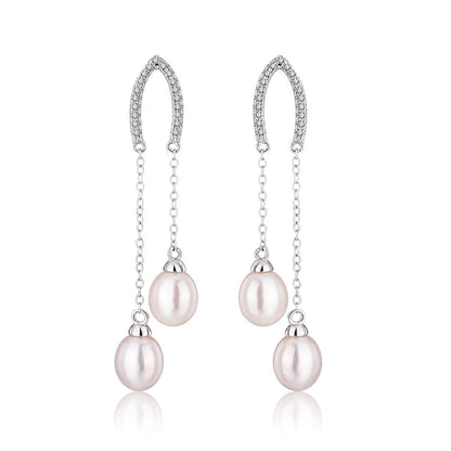 925 sterling silver cubic zirconia diamond freshwater pearl long drop dangle earings