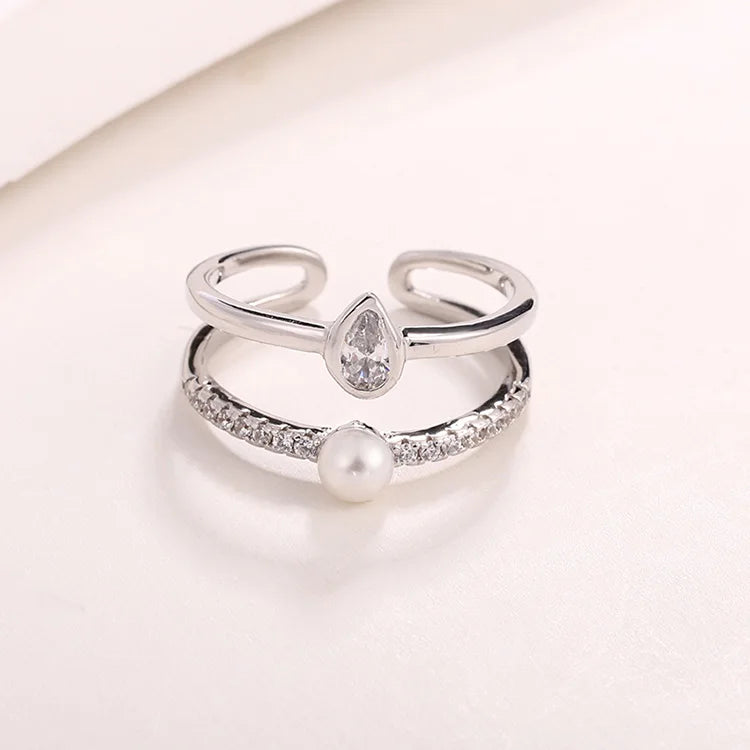 Custom fine jewelry simple double ring claw-set zircon diamond freshwater pearl silver ring