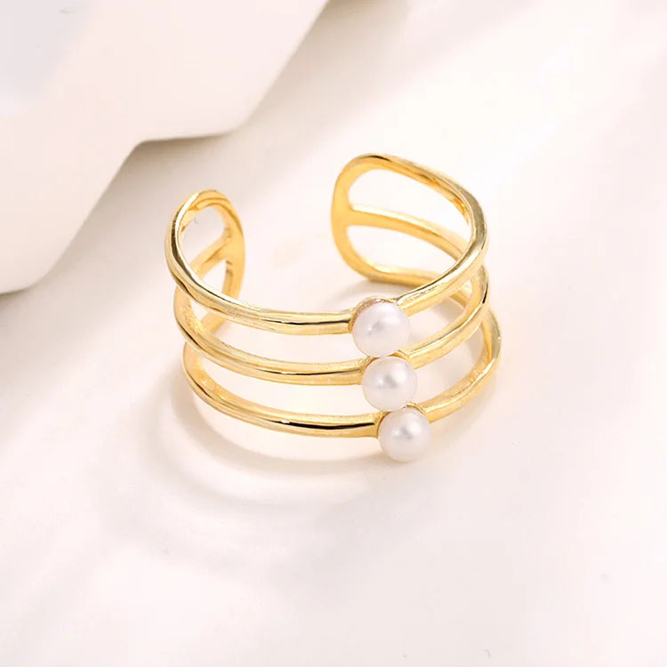 Three-ring open adjustable gold-plated 925 sterling silver pearl ring for women