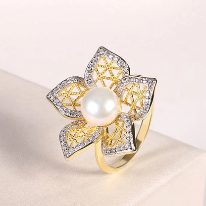 14k 18k Gold plated sterling silver pearl flower wedding engagement ring for ladies women