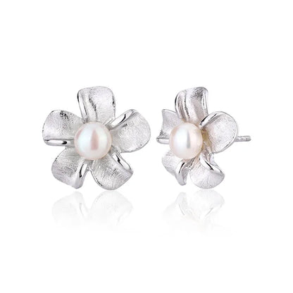 Flower floral studs 925 sterling silver real freshwater cultured pearl earrings