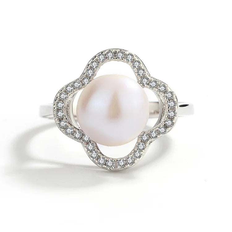 Hollow petal shape 925 pure sterling silver pearl women ring with small fine diamonds inlaid