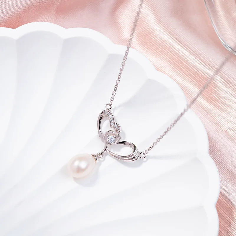 925 sterling silver hollow double love heart entwined shaped cultured freshwater pearl pendant diamond silver necklace