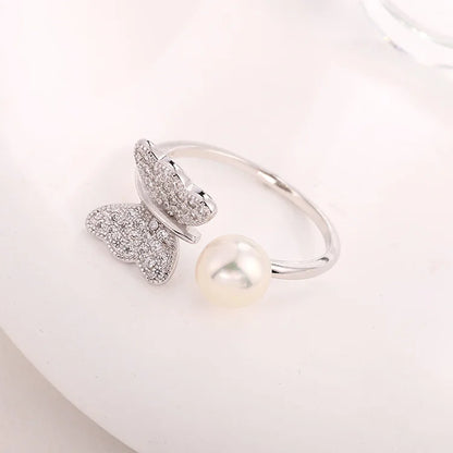 925 Sterling Silver Diamond Set Freshwater Pearl Butterfly Open Adjustable Ring