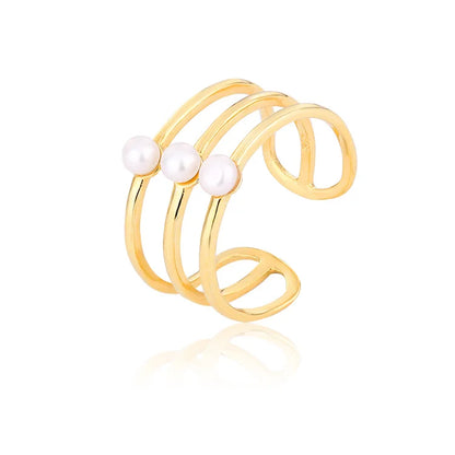 Three-ring open adjustable gold-plated 925 sterling silver pearl ring for women