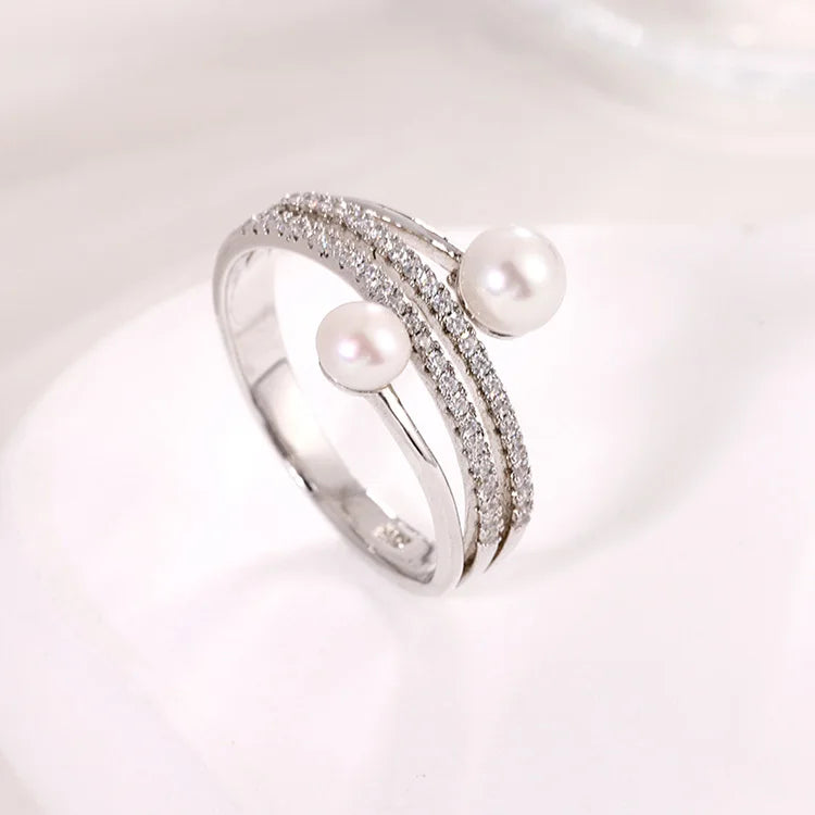 Elegant fashion zircon diamond-set 925 sterling silver women ring with 2 pearls