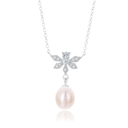 925 sterling silver flower freshwater pearl pendant necklace with zircon setting