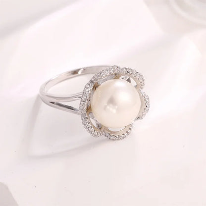 Wholesale Ring Jewelry Simple 925 Sterling Silver Zircon Diamond Set Flower Ring with a Big Pearl