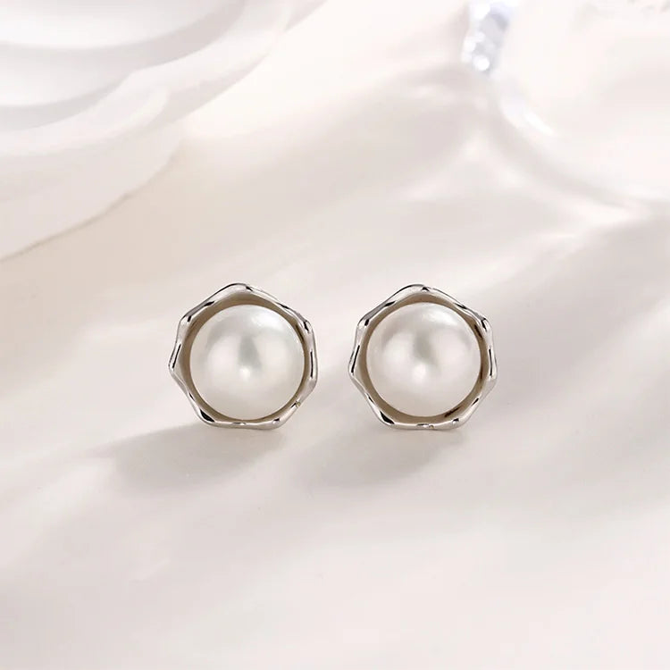 Custom logo jewelry big large round circle fresh water pearl s925 sterling silver women stud earring