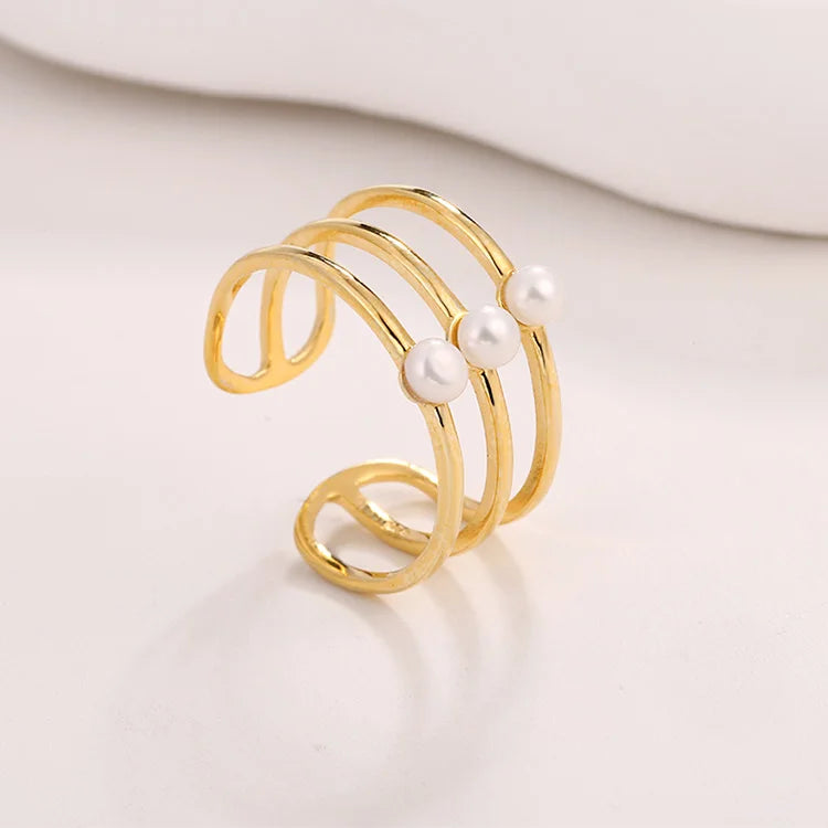 Three-ring open adjustable gold-plated 925 sterling silver pearl ring for women