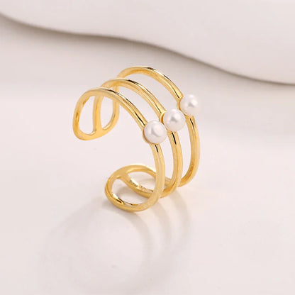 Three-ring open adjustable gold-plated 925 sterling silver pearl ring for women