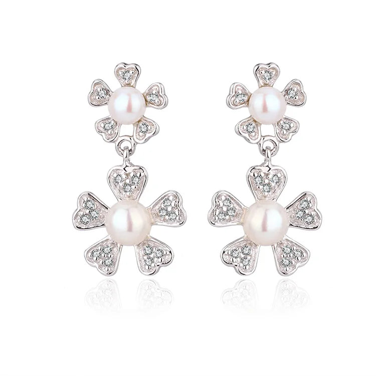 Fancy double pearl flower stud 925 sterling silver freshwater cultured pearl earrings