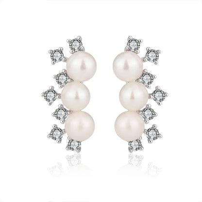 3 triple pearl stud 925 sterling silver freshwater cultured pearl post earrings with three pearls