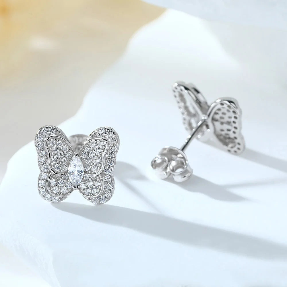 Trendy Earring Summer Butterfly Women Jewelry Cubic Zirconia 925 Sterling Silver Butterfly Stud Earrings