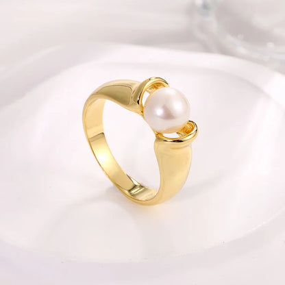 Simple and fashionable women's gold plated 925 sterling silver freshwater pearl ring