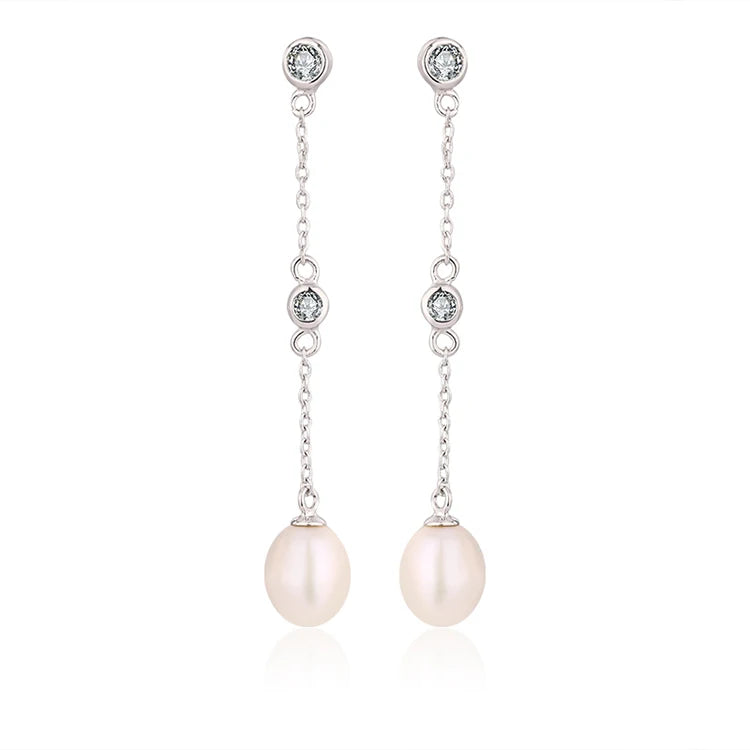 Zircon CZ diamond 925 sterling silver freshwater cultured pearl long chain drop earrings with chain