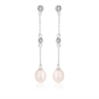 Zircon CZ diamond 925 sterling silver freshwater cultured pearl long chain drop earrings with chain