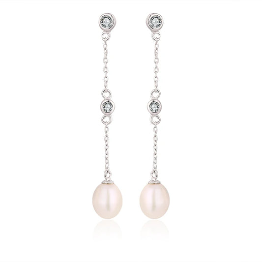 Zircon CZ diamond 925 sterling silver freshwater cultured pearl long chain drop earrings with chain