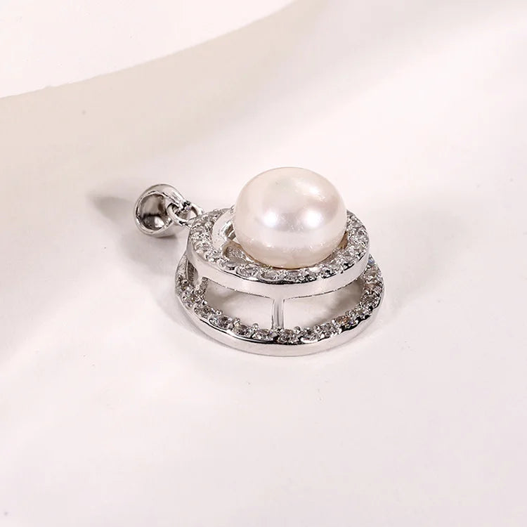 Round circle pure 925 sterling silver women necklace freshwater pearl pendant with zircon diamond