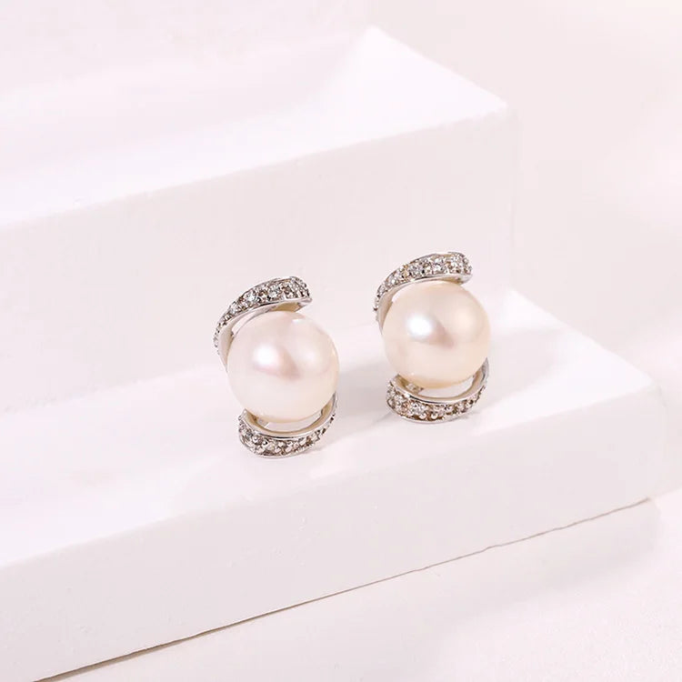 Vintage cubic zirconia diamond and pearl stud wedding 925 sterling silver freshwater cultured pearl earrings