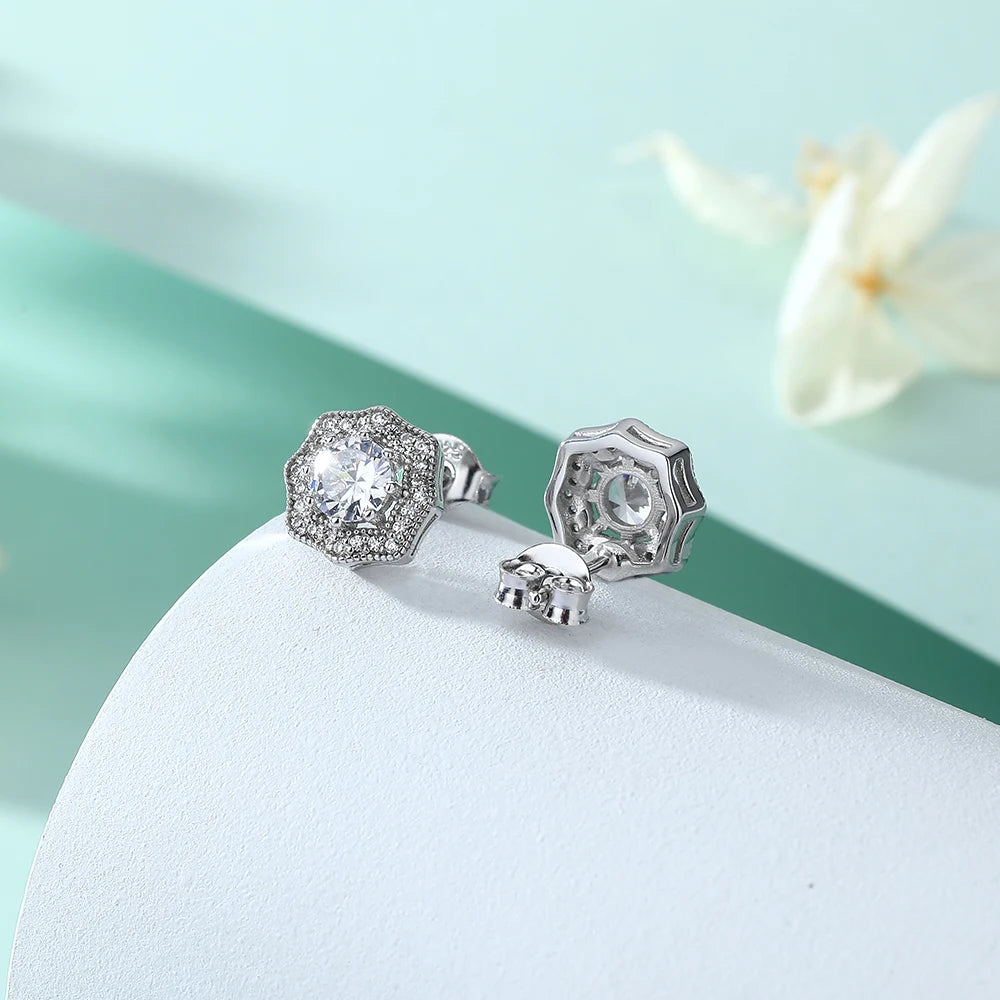 Custom Silver Earring Flower Shaped Round Cut 5.0mm Rhodium Plating Pure Silver Earring Studs for Women