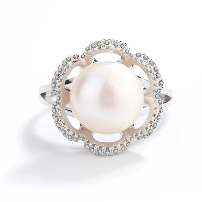 Wholesale Ring Jewelry Simple 925 Sterling Silver Zircon Diamond Set Flower Ring with a Big Pearl