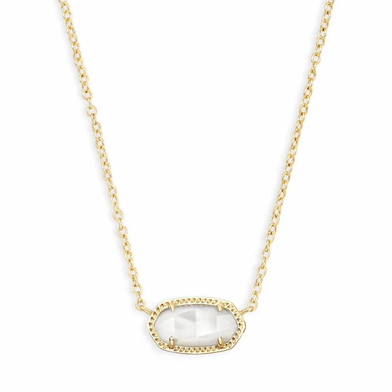 Gold-Plated Elliptical Shell Geometric Mother of Pearl Stone Pendant Choker Chain Necklace for Women