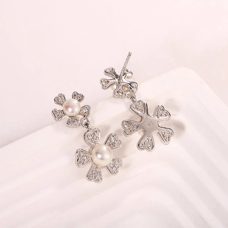 Fancy double pearl flower stud 925 sterling silver freshwater cultured pearl earrings