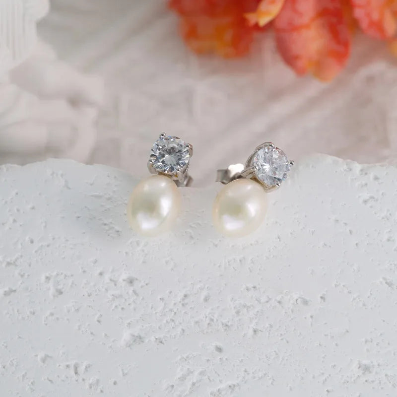 Original modern statement 925 sterling silver cultured teardrop pearl stud earrings with zircon diamond