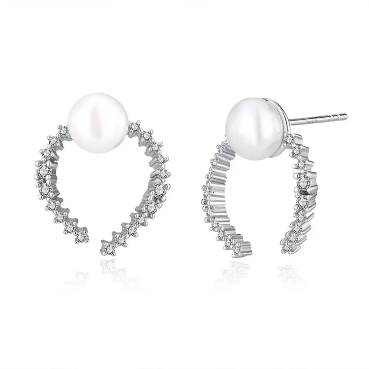 Trending fashion wholesale fine jewelry 925 sterling silver diamond and pearl lightweight stud earrings with stones for women