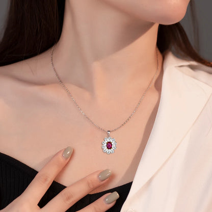 Luxury Fancy Colored Initial Ruby Gemstone Oval Cut 8*10mm Sunflower Shaped Pendant Necklaces 925 Silver