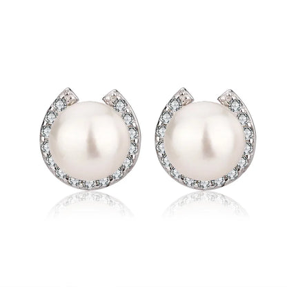 Designer 6mm pearl genuine 925 sterling silver diamond and freshwater cultured pearl women's stud earrings for women