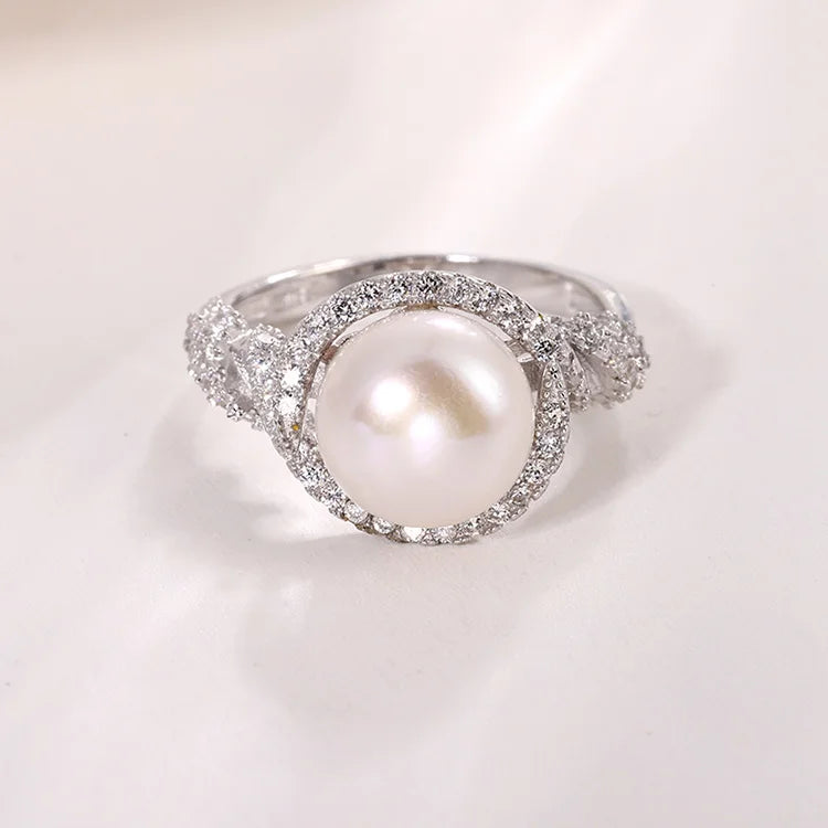 Unique ladies vintage white cultured pearl silver rings with diamonds