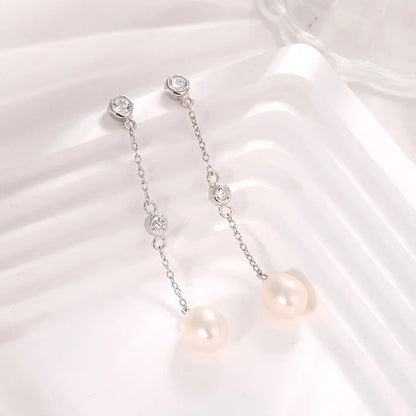 Zircon CZ diamond 925 sterling silver freshwater cultured pearl long chain drop earrings with chain