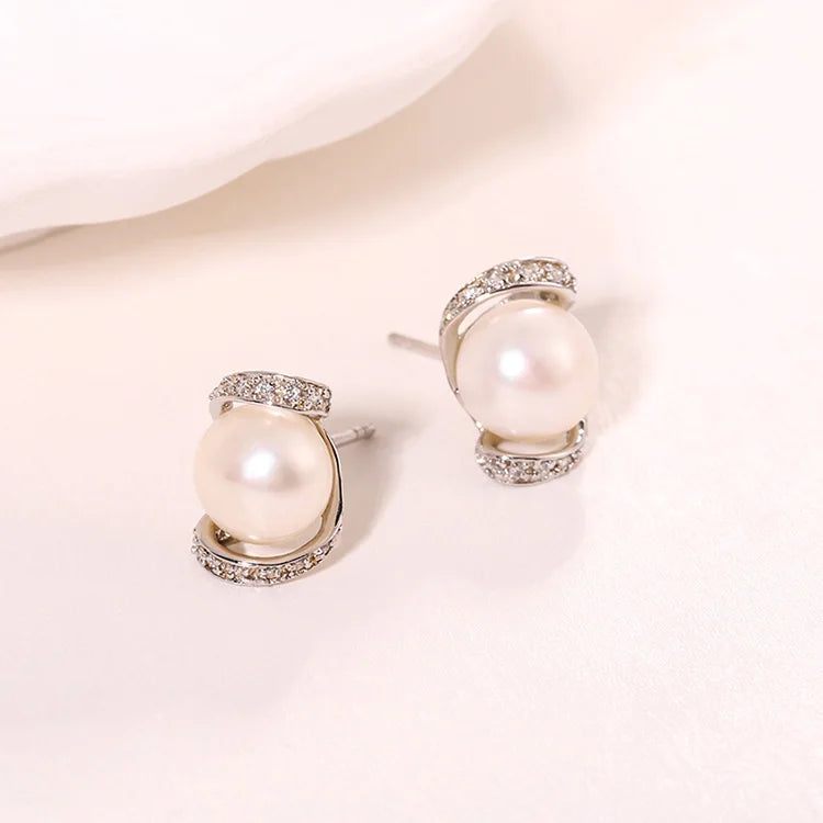 Vintage cubic zirconia diamond and pearl stud wedding 925 sterling silver freshwater cultured pearl earrings