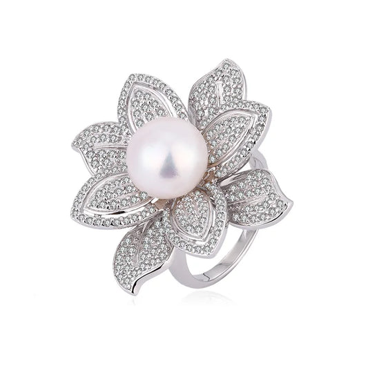 Fashion luxurious diamond set 925 sterling silver cultured natural freshwater pearl flower shape ring for women