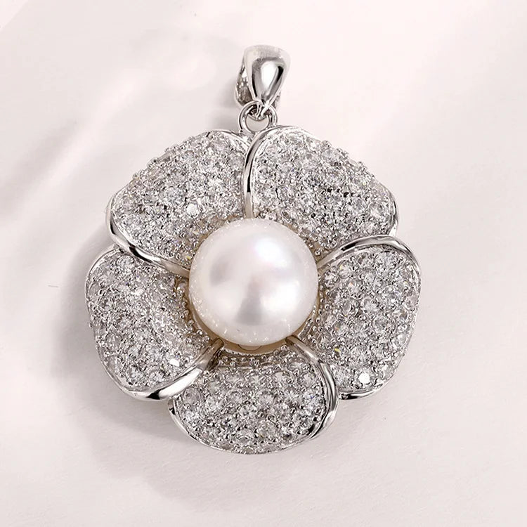 925 sterling silver claw set pave diamond flower shape pendant with freshwater pearl