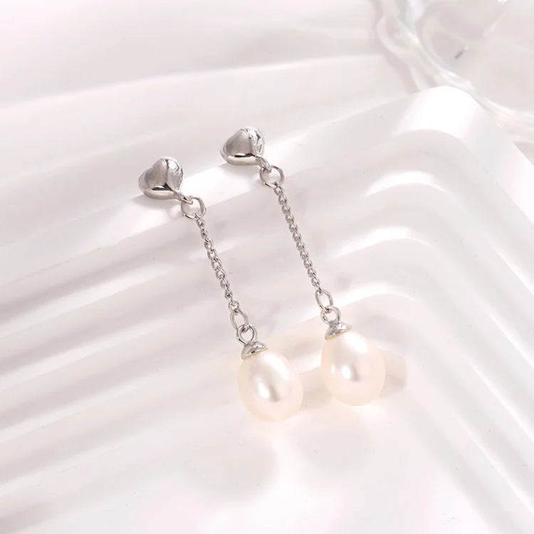 Trendy beautiful 7mm 7.5mm pearl 925 sterling silver freshwater cultured pearl post dangle drop earrings