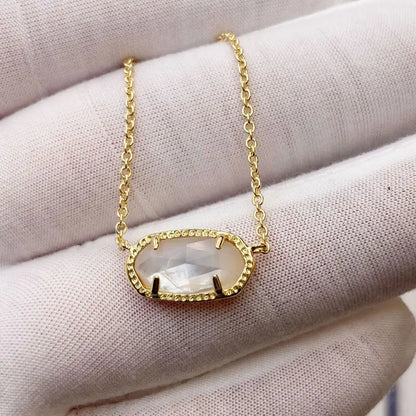 Gold-Plated Elliptical Shell Geometric Mother of Pearl Stone Pendant Choker Chain Necklace for Women