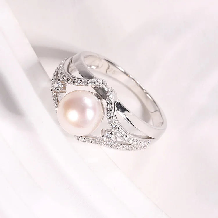 Custom women engagement wedding sterling silver freshwater pearl ring with zircon moissanite